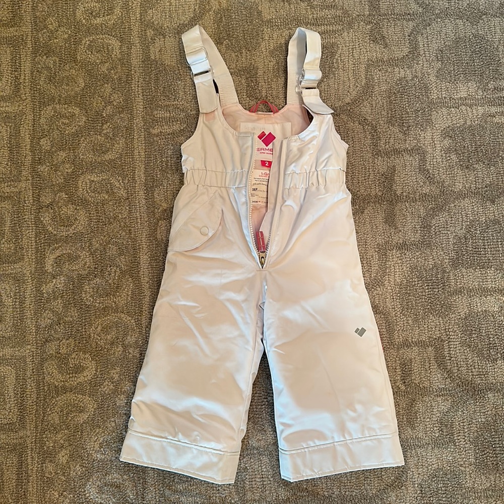 Obermeyer, toddler girl ski bib white pants